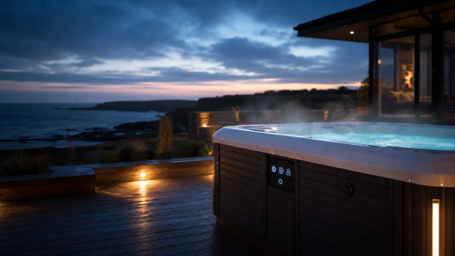A hot tub steaming gently on a timber deck beside a calm evening coastline